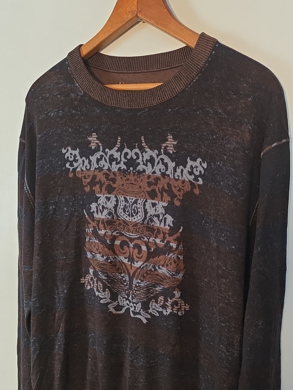 Neiman Marcus Brown & Black Patterned Crewneck Silk (70%) Cotton (15%) Cashmere